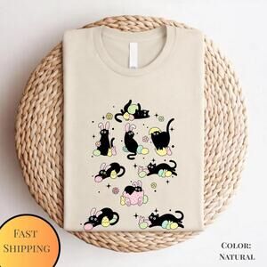 Black Cats Easter Shirt Bunny Ears, Kawaii Graphic Tee For Cat Lovers